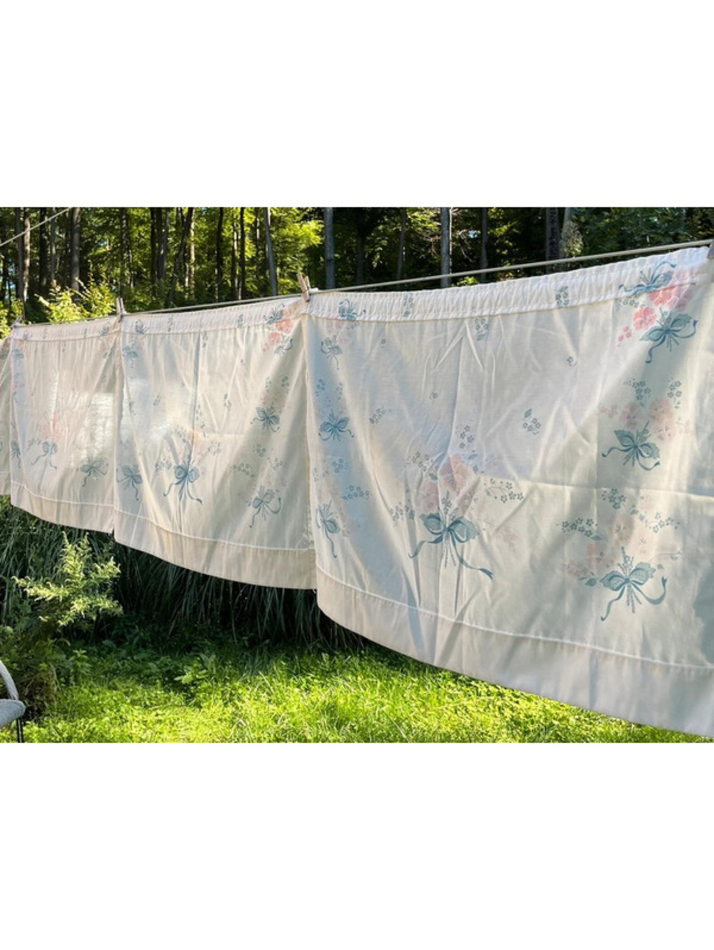 Vintage Hallmark 1989 flowers bouquet bows four cafe curtain panels blue pink